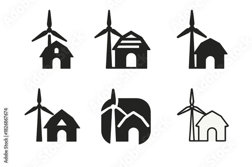 Self-Sufficiency Icon Set. Self-sufficiency. Icon set. Set Logo of self-sufficiency: wind turbine and barn. harmonious logo variations of the same emblematic