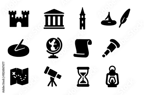 Historic Landmark Icons. Historic landmarks. Solid icon set of Historic landmarks: castle, ancient building, tower, bridge, sundial, globe, scroll, quill, map,