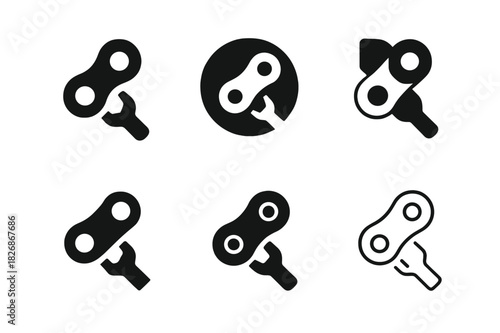 Bicycle Fix Logos. Fixing a bicycle. Icon set. Set Logo of fixing a bicycle: Chain link close-up. harmonious logo variations of the same emblematic concept,