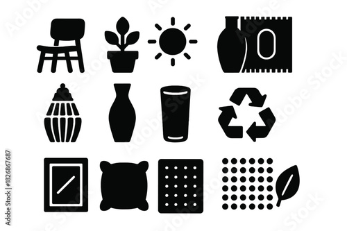 Eco Design Icons. Eco Interior Design. Solid icon set of Eco Interior Design: wooden chair, potted plant, sunlight, rug, bamboo lamp, vase, glass, recycled