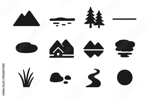 Watercolor Landscape Icons. Watercolor Landscape. Solid icon set of Watercolor Landscape: mountains, lake, pine trees, mist, horizon line, distant cabin,