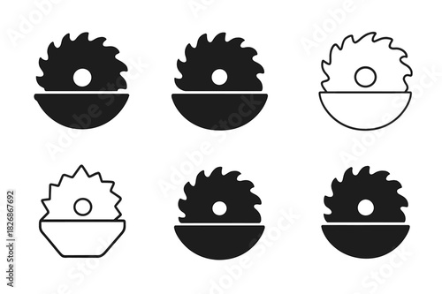 Tool Icon Set. Tooling and Equipment. Icon set. Set Logo of Tooling and Equipment: Circular Saw. harmonious logo variations of the same emblematic concept