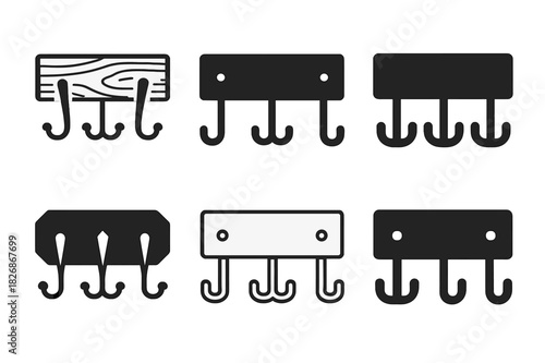 Woodworking Logo Set. Woodworking projects for home decor. Icon set. Set Logo of Woodworking projects for home decor: coat rack with board and hooks.