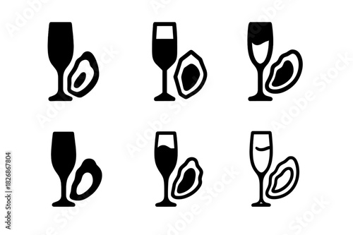 Drink Pairing Logos. Drink pairings. Icon set. Set Logo of Drink pairings: champagne flute with oyster shell. harmonious logo variations of the same emblematic