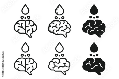 Emotion Processing Icons. How emotions are processed in the brain. Icon set. Set Logo of How emotions are processed in the brain: neurotransmitter droplet