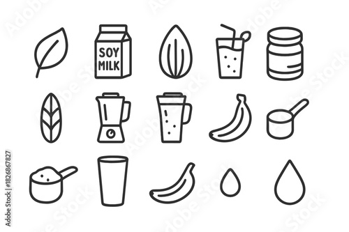 Vegan Shake Icons. Vegan shakes. Line icon set of vegan shakes: leaf, soy milk, almond, coconut, oat grain, blender, straw, protein powder, scoop, glass cup,