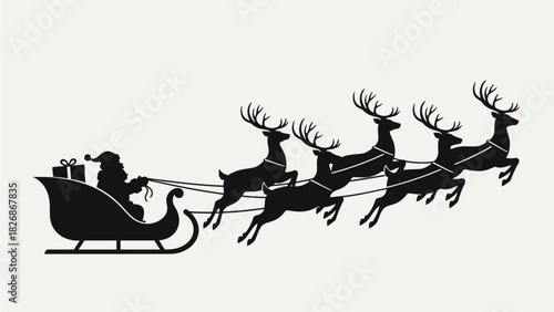 Santa Claus Silhouette Riding Sleigh Pulled by Reindeer Against a White Background