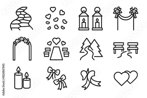 Wedding Pathway Icons. Wedding Pathway. Line icon set of Wedding Pathway: stone path, petals, lanterns, floral decorations, archway, aisle, mountain trail,