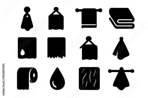 Towel Icon Set. Towel hanging. Solid icon set of Towel hanging: towel on hook, loop, wall hook, folded towel, damp spot, frayed edge, shadow, hanging cloth,