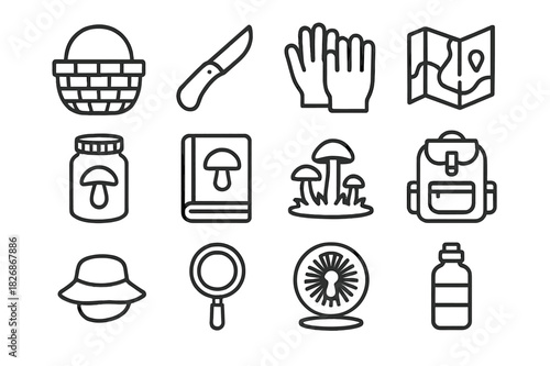 Mushroom Foraging Kit Icons. Mushroom Foraging Kit. Line icon set of Mushroom Foraging Kit: basket, knife, gloves, map, jar, field guide, mushroom patch,
