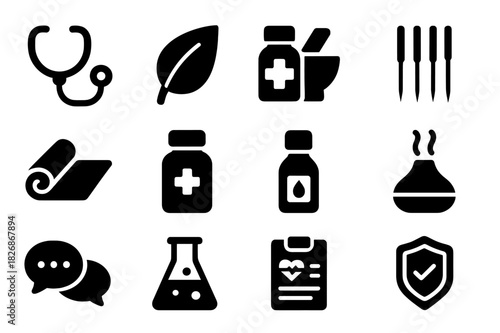 Integrative Medicine Icons. Integrative Medicine. Solid icon set of Integrative Medicine: stethoscope, leaf icon, mortar and pestle, acupuncture needles, yoga