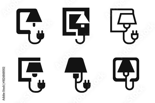 Corner Lamp Logos. Corner Lamp. Icon set. Set Logo of Corner Lamp: plug-in switch. harmonious logo variations of the same emblematic concept, each with