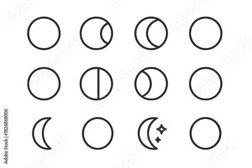 Moon Phases Icons. Moon Phases. Line icon set of Moon Phases: new moon, waxing crescent, first quarter, waxing gibbous, full moon, waning gibbous, last