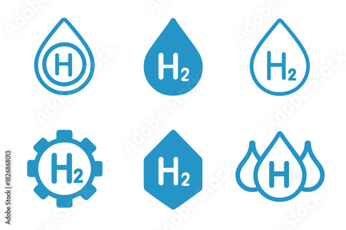 Hydrogen Fuel Icons. Hydrogen fuel technology. Icon set. Set Logo of hydrogen fuel technology: hydrogen fuel cell symbol. harmonious logo variations of the