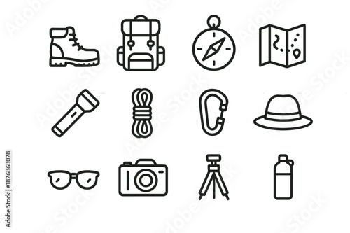 Outdoor Gear Icons. Outdoor Adventure Gear. Line icon set of Outdoor Adventure Gear: hiking boots, backpack, compass, map, flashlight, rope, carabiner, hat,
