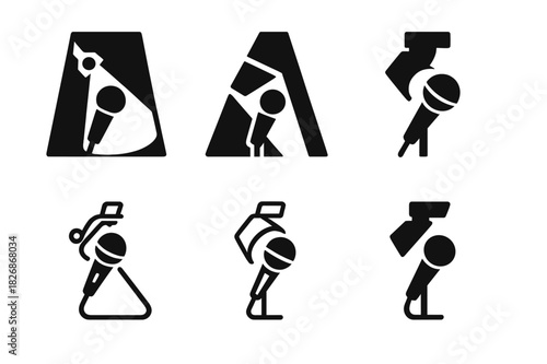 School Musical Icons. Singing for musical productions in schools. Icon set. Set Logo of singing for musical productions in schools: Microphone and spotlight.