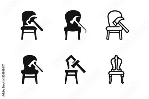 Vintage Craftsmanship Logos. Restoring antique furniture and home items. Icon set. Set Logo of vintage craftsmanship: repair workshop emblem. harmonious logo