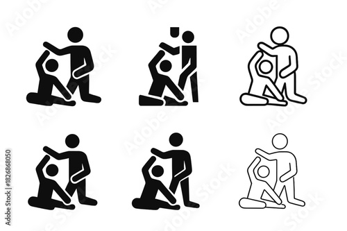 Pilates Icon Set. Pilates and Stretching. Icon set. Set Logo of posture alignment: trainer guiding stretch routine. harmonious logo variations of the same