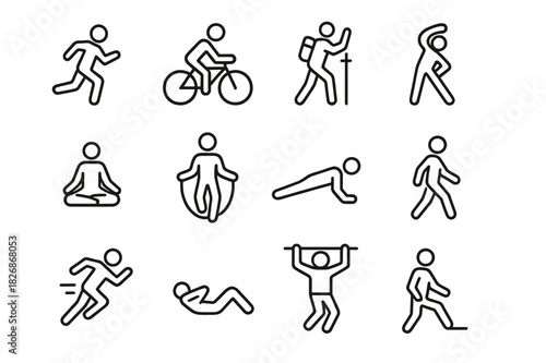 Outdoor Exercise Icons. Outdoor exercise. Line icon set of outdoor exercise: running, cycling, hiking, stretching, yoga, jumping rope, push-ups, walking,