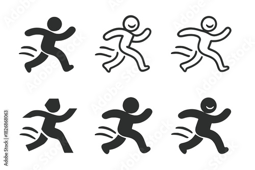 Joyful Running Icons. Happy Person Running Through a Field. Icon set. Set Logo of Happy Person Running Through a Field: joyful figure with wind