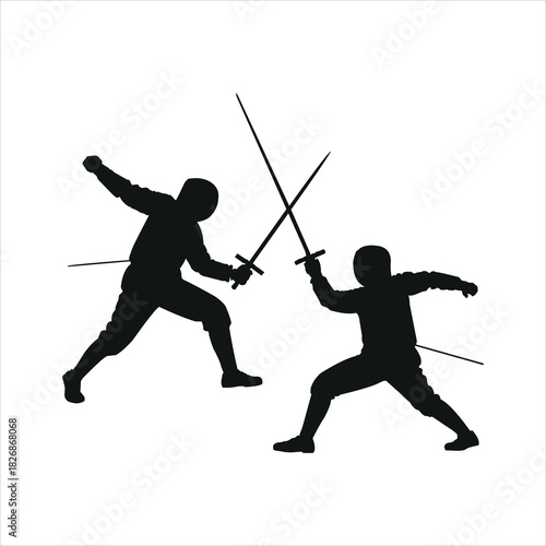 Two fencers in silhouette clashing swords