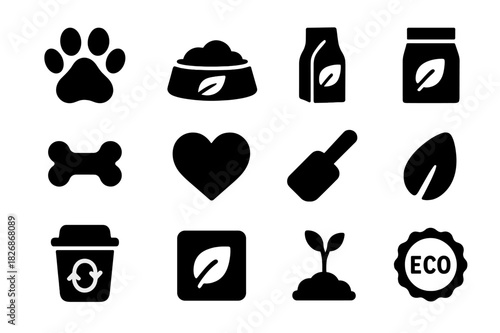 Eco Pet Food Icons. Eco Pet Food. Solid icon set of Eco Pet Food: paw print, bowl, leaf, organic bag, bone, heart, food scoop, seed, compost bin, label, plant,