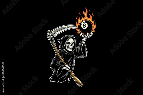 Grim Reaper Holding Flaming Eight Ball with Scythe.