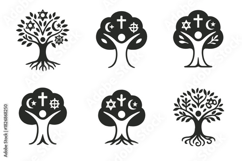 Interfaith Identity Icons. The relationship between religion and personal identity. Icon set. Set Logo of The relationship between religion and personal