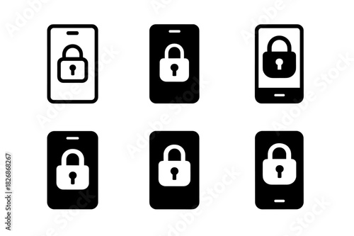 Mobile Banking Icons. Mobile banking security. Icon set. Set Logo of mobile banking security: encrypted data on phone. harmonious logo variations of the same