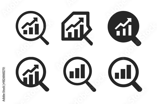 Retail Analytics Logos. Retail trend graph. Icon set. Set Logo of retail analytics: market insights magnifier. harmonious logo variations of the same