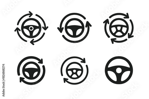 Diverse Steering Wheel Logos. Driving. Icon set. Set Logo of Driving: Steering Wheel with Arrows. harmonious logo variations of the same emblematic concept,