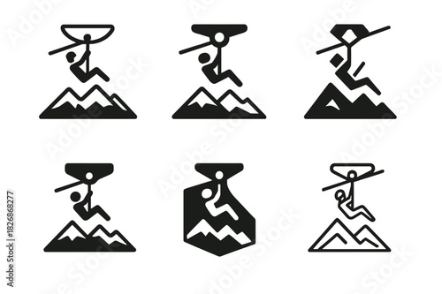 Adventure Park Logos. Outdoor adventure parks and zip-lining. Icon set. Set Logo of outdoor adventure parks and zip-lining: zip-line pulley over mountain