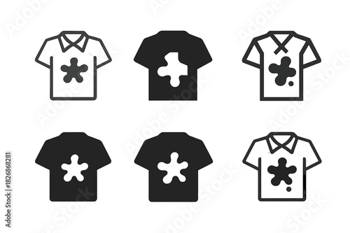 Stained Shirt Logos. Stained shirt. Icon set. Set Logo of stained shirt: shirt with splash mark. harmonious logo variations of the same emblematic concept,