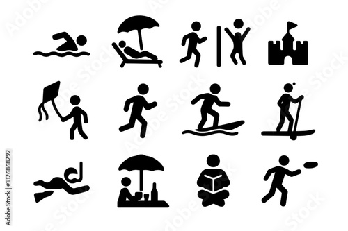 Beach Activities Icons. Beach activities. Solid icon set of Beach activities: swimming, sunbathing, volleyball, sandcastle, kite flying, jogging, surfing,