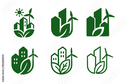 Sustainable Urbanism Logos. Green cities. Icon set. Set Logo of sustainable urbanism: clean energy community. harmonious logo variations of the same emblematic