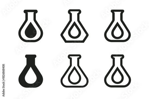 Flask Logo Variations. Flasks. Icon set. Set Logo of flasks: liquid drop inside flask. harmonious logo variations of the same emblematic concept, each with