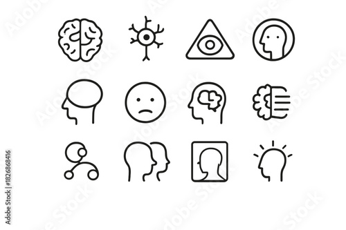 Psyche Icon Set. Psyche & Behavior. Line icon set of Psyche & Behavior: brain, neuron, subconscious symbol, thought bubble, emotion, memory, synapse, shadow,