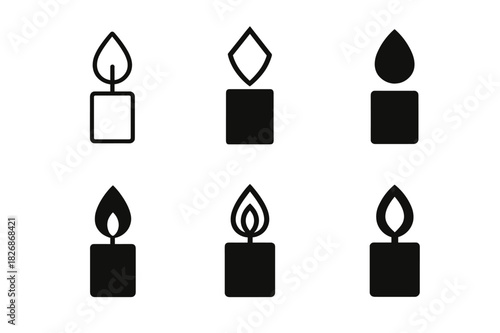 Candle Logo Variations. Wish. Icon set. Set Logo of wish: candle with glowing flame. harmonious logo variations of the same emblematic concept, each with