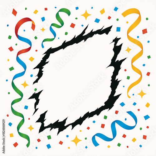 Carnival parade elements torn vector ripped core confetti ribbons sparkles on white background