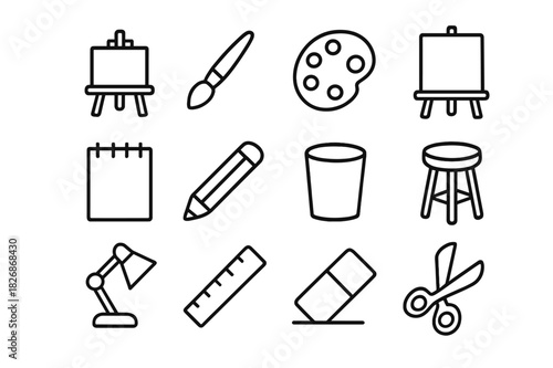 Art Studio Icons. Art Studio. Line icon set of Art Studio: easel, paintbrush, palette, canvas, sketchbook, pencil, cup, stool, lamp, ruler, eraser, scissors.