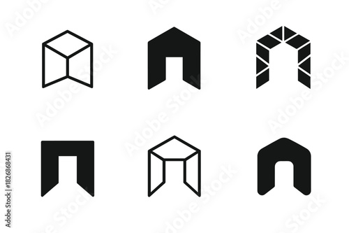 Open Atrium Logos. Open Atrium. Icon set. Set Logo of Open Atrium: open architectural perspective. harmonious logo variations of the same emblematic concept,