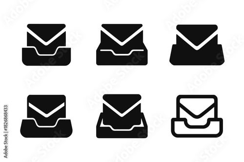 Outgoing Mail Tray Icons. Outgoing mail tray. Icon set. Set Logo of outgoing mail tray: outbox tray with envelope. harmonious logo variations of the same