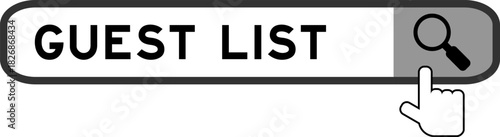 Search banner in word guest list with hand over magnifier icon on white background