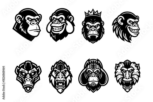 Collection of Eight Monkey and Gorilla Head Emblems and Icons.