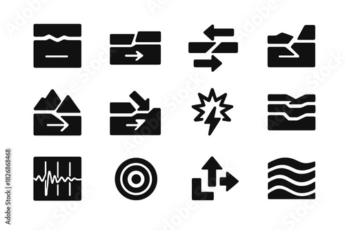 Tectonic Icons Set. Tectonic movement. Solid icon set of Tectonic movement: plate boundary, fault line, shifting arrows, crust motion, mountain uplift,