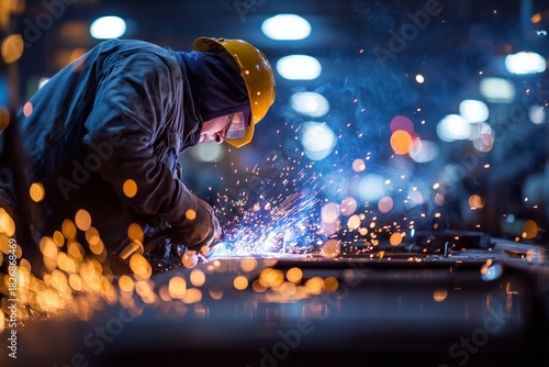 Worker Uses Welding Torch in Industrial Workshop During Nighttime With Sparks...