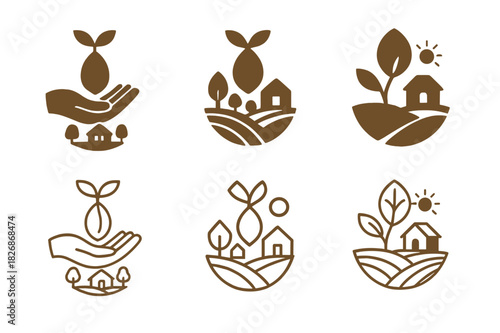 Rural Climate Adaptation Logos. Rural communities and their adaptation to changing climates. Icon set. Set Logo of Rural communities and their adaptation to