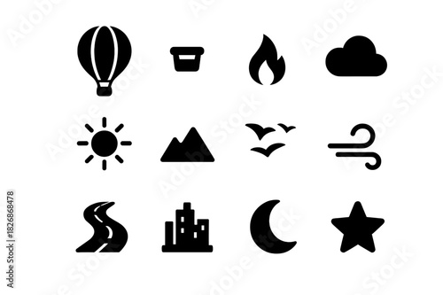 Hot Air Balloon Icons. Hot air balloon rising. Solid icon set of hot air balloon rising: hot air balloon, basket, flame, cloud, sun, mountain, birds, wind