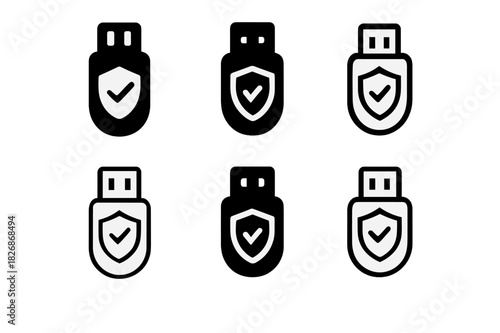 Antivirus Icons Collection. Installing antivirus software. Icon set. Set Logo of Installing antivirus software: USB drive with protective emblem. harmonious