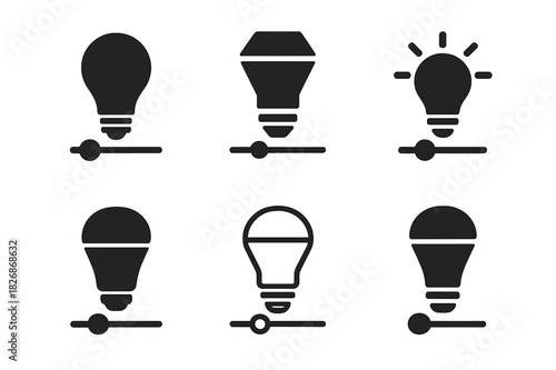Smart Bulbs Icons. Setting up smart bulbs. Icon set. Set Logo of smart lighting: adjusting brightness slider. harmonious logo variations of the same emblematic